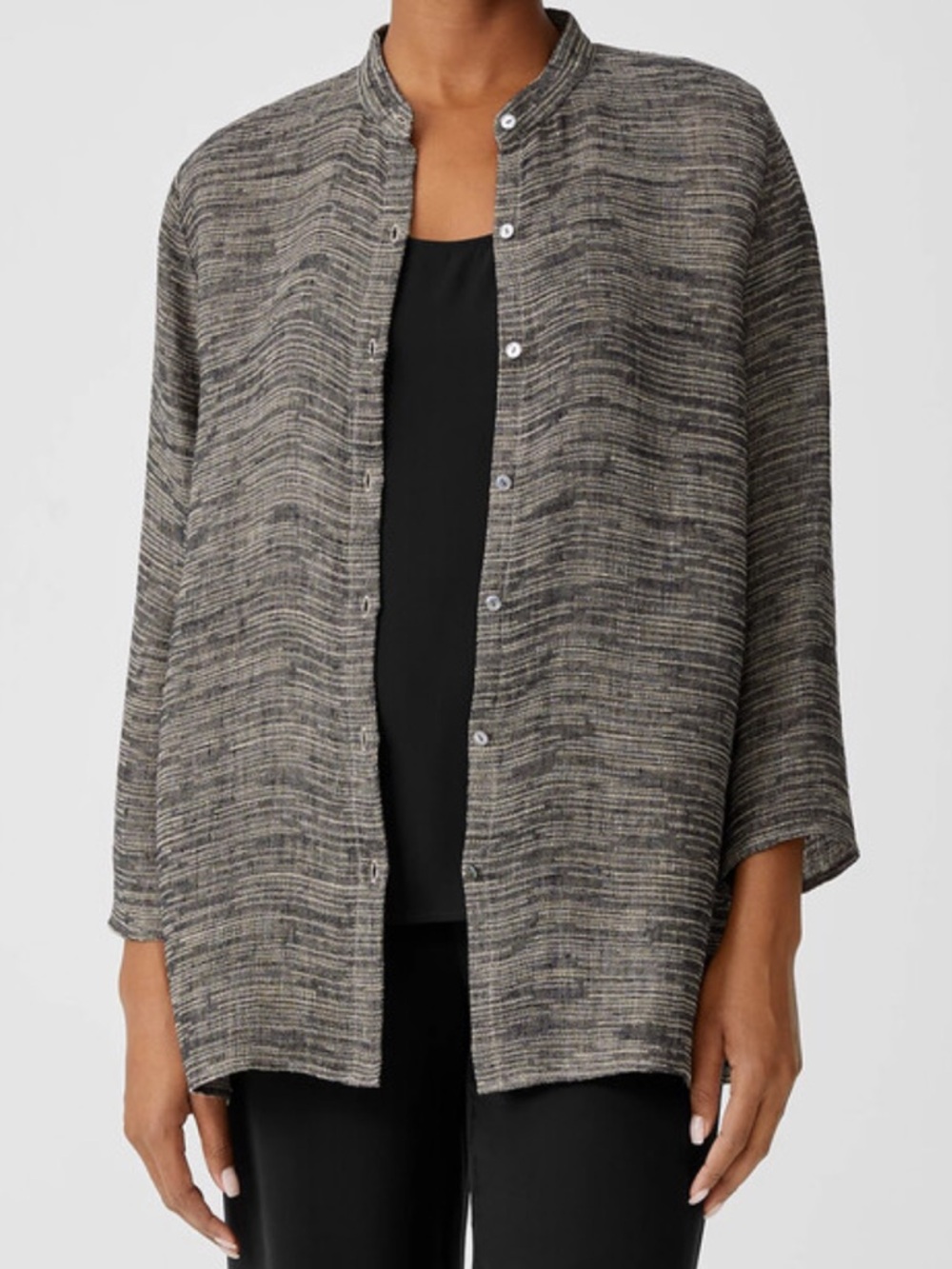 Eileen Fisher Organic Linen Gauze Mandarin Collar Black Button Front Shirt Small